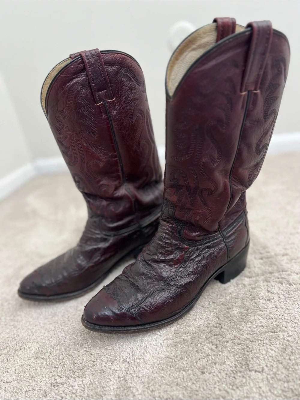 Vintage Dan Post Genuine Full Quill Ostrich Cowboy Boots Burgundy/Oxblood
